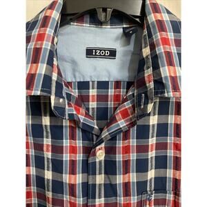 Izod Shirt Mens Medium Blue Red White Plaid Short Sleeve Button Up Casual Busine